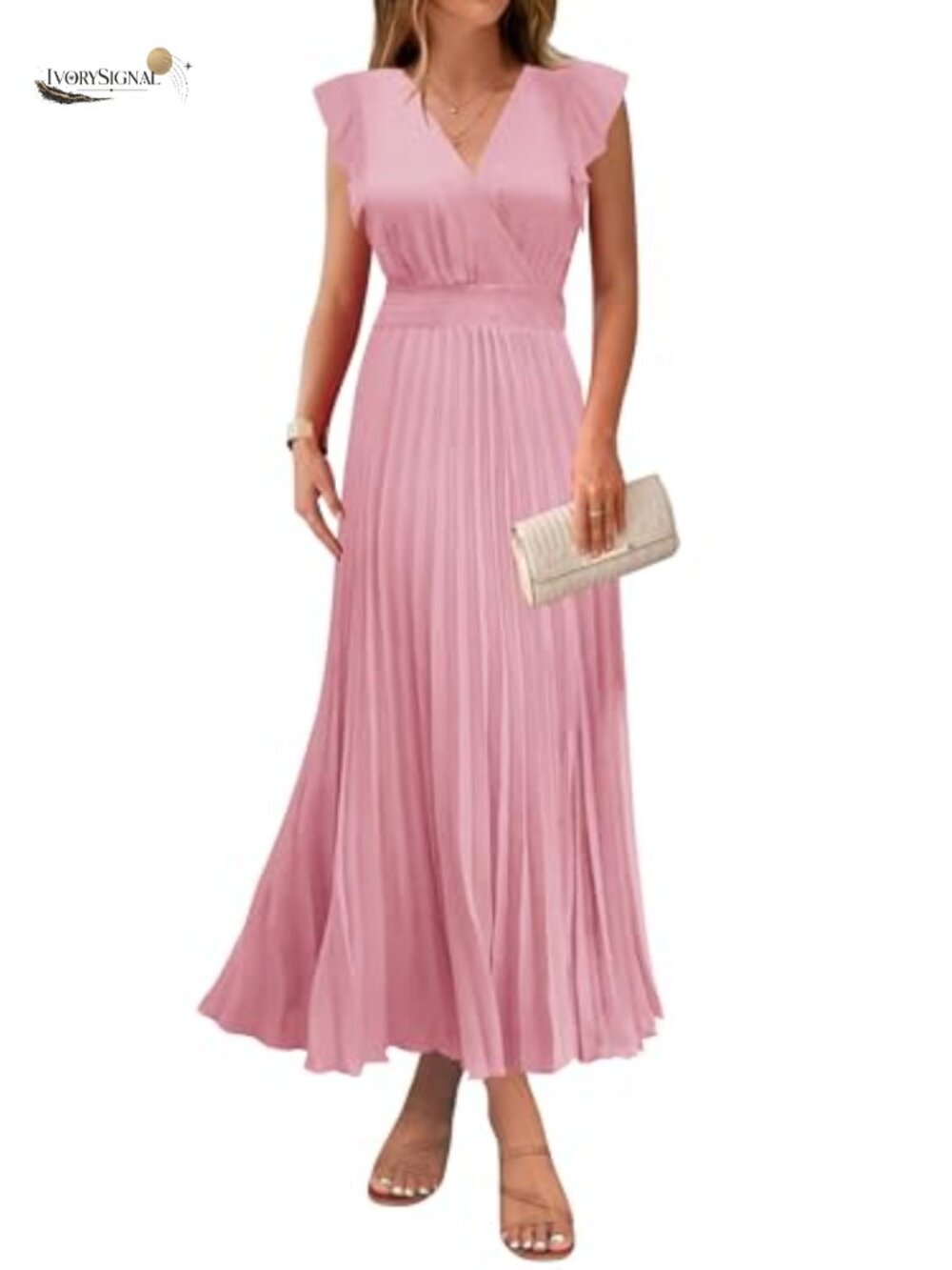 Women's Summer Maxi Dress V Neck Ruffle Flutter Sleeves Pleated